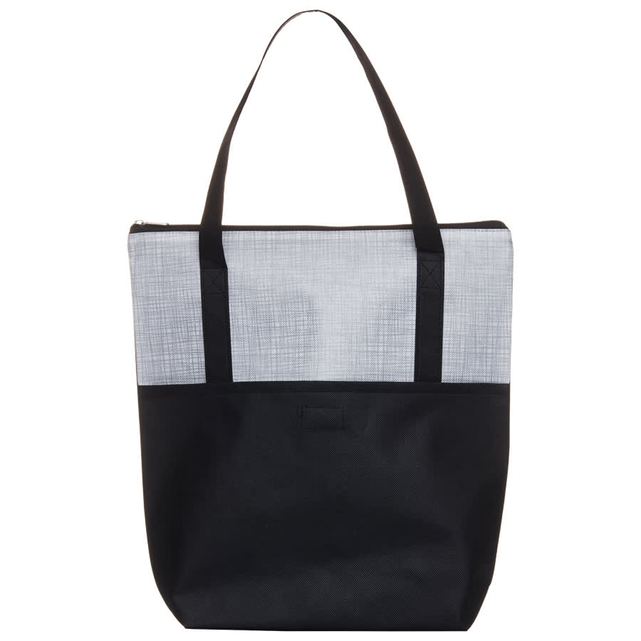 A tote bag featuring a grey crosshatch design on the top half and a black bottom section. It has sturdy black handles.