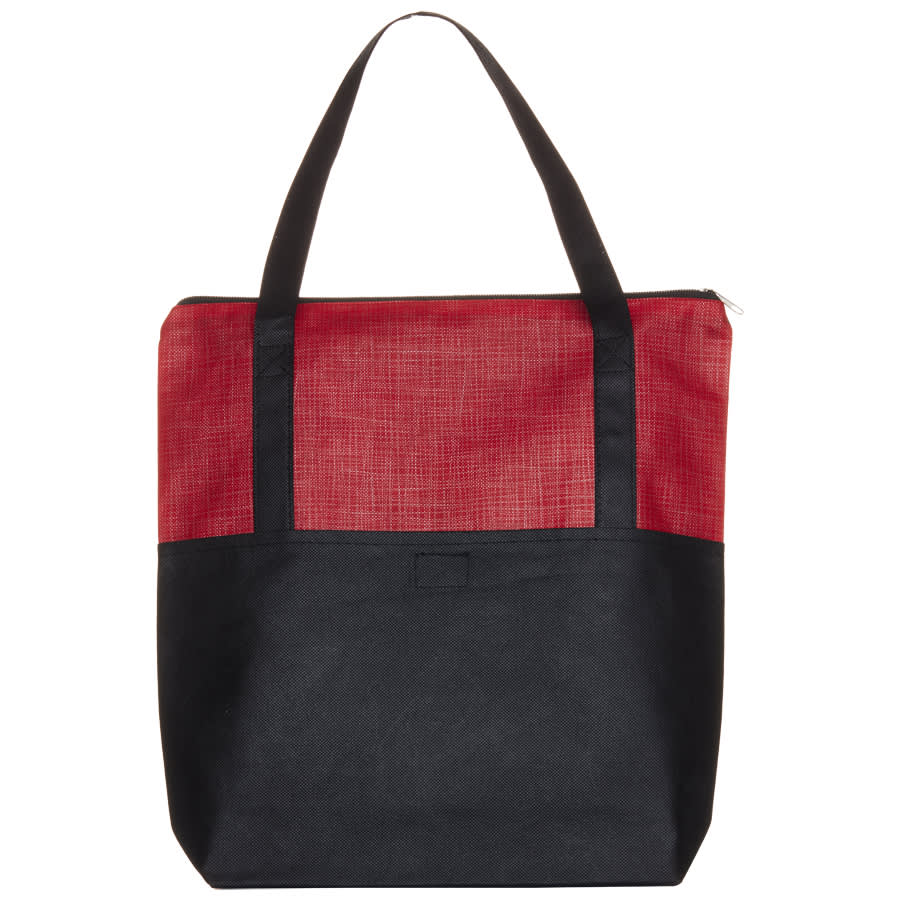 A tote bag featuring a red crosshatch design on top and a black bottom, with sturdy black handles and a zipper.