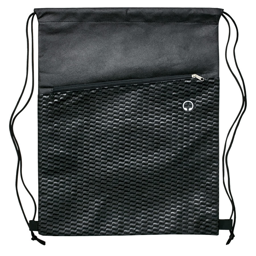 A black drawstring bag features a textured pattern and a zippered pocket, with a logo on the front.