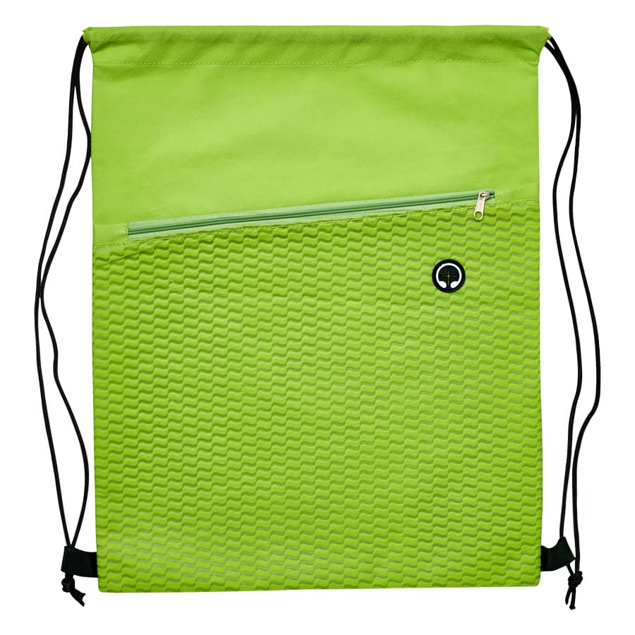 A vibrant lime green drawstring bag with a textured pattern and a black zippered pocket. It features a logo.