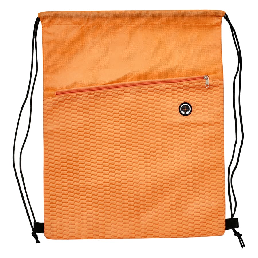 An orange drawstring bag with a textured design and a front zip pocket, featuring a small logo.