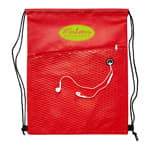 A red drawstring bag with a mesh pocket and a black cord. It features a logo on the front.