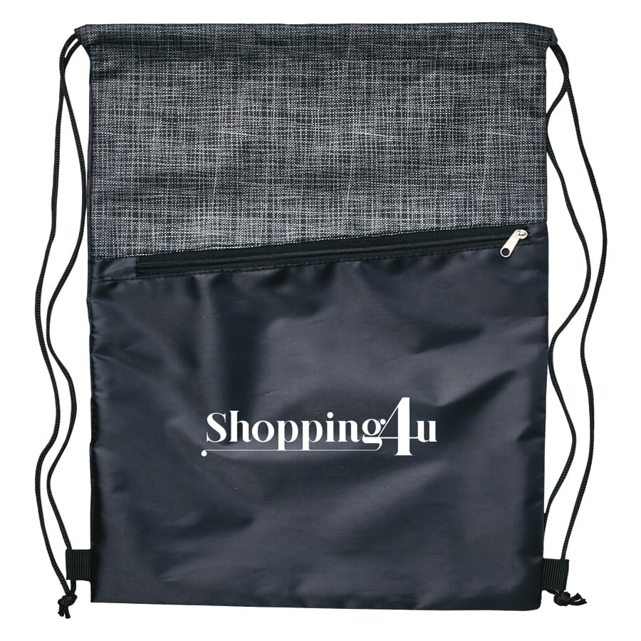 A drawstring bag featuring a grey crosshatch pattern on top and a black bottom with a zippered pocket.