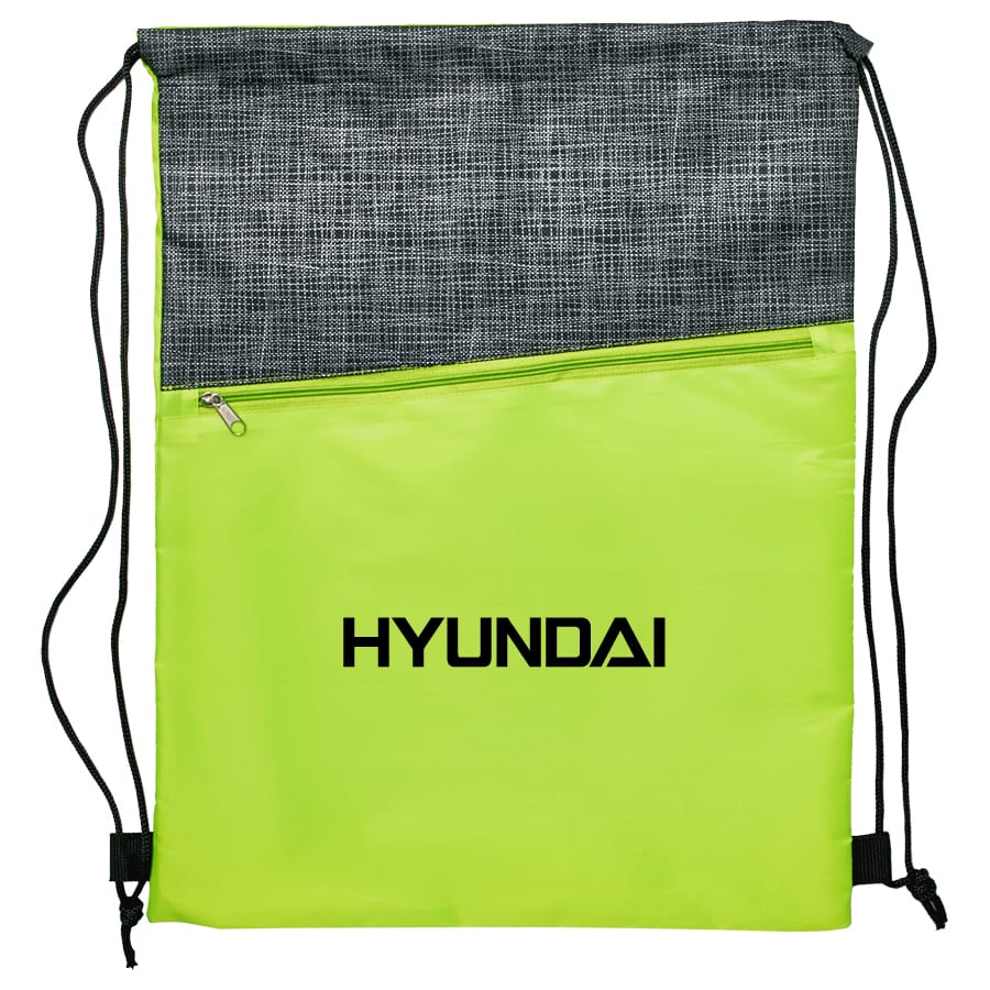 A crosshatch drawstring bag in bright green with a grey top section and a zippered pocket. It features a logo.