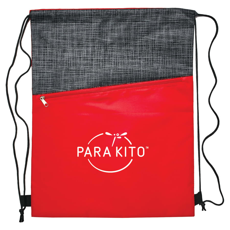 A red and grey drawstring bag with a zippered pocket and a logo. The bag features a textured upper section.