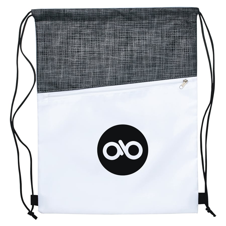 A drawstring bag featuring a grey textured upper section and a white lower section with a black logo.