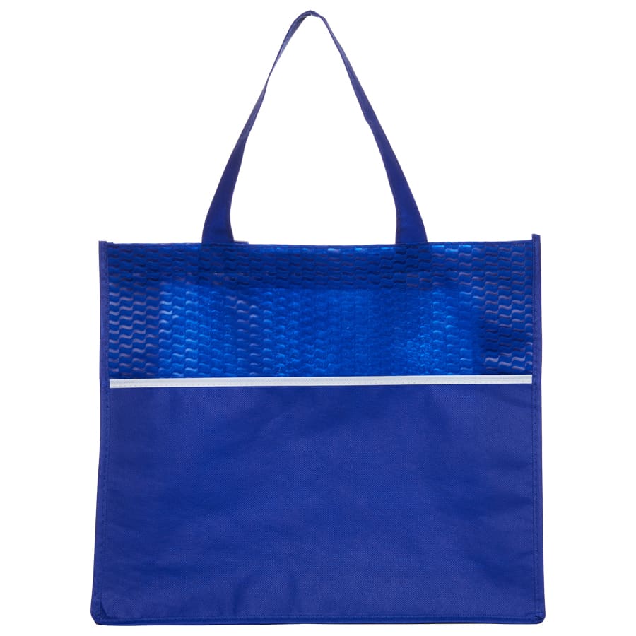 A blue shopping tote bag with a wave-patterned top section and a white horizontal stripe, featuring a logo.