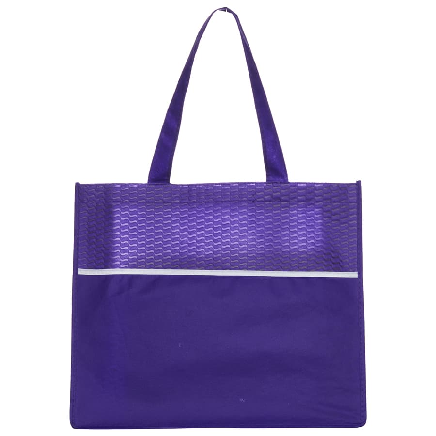 A purple shopping tote bag featuring a wave pattern design and a white stripe, with long handles for easy carrying.