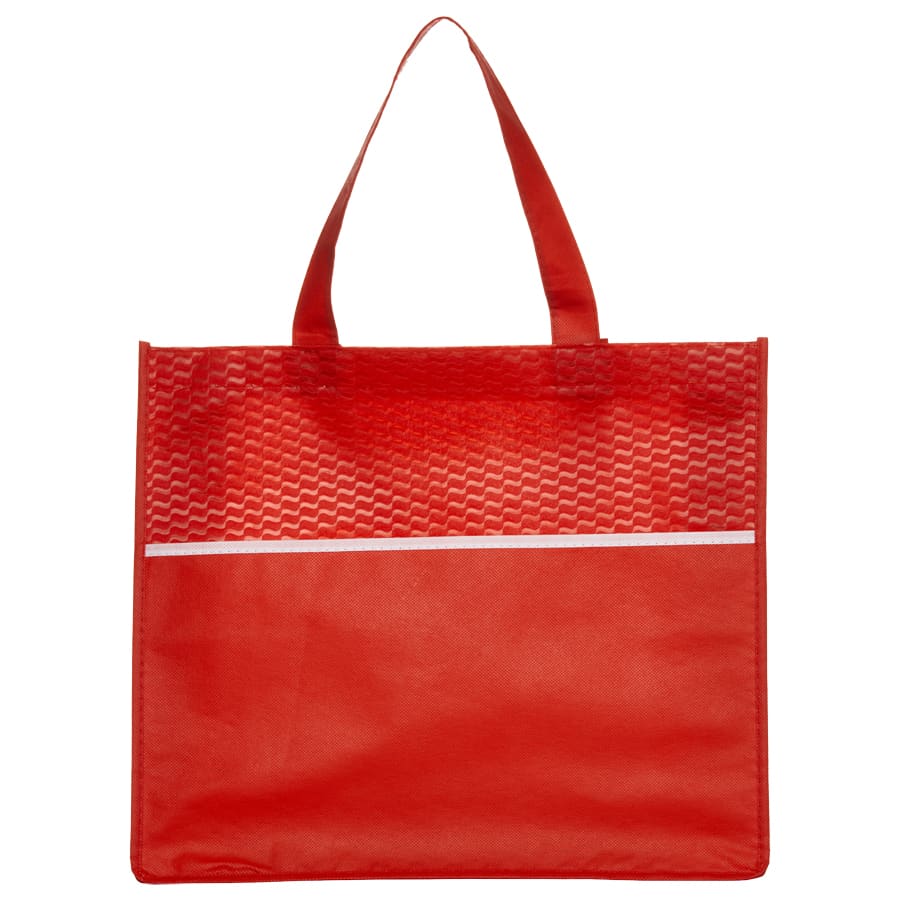 A red shopping tote bag featuring a textured upper section and a smooth lower section. It has two sturdy handles.