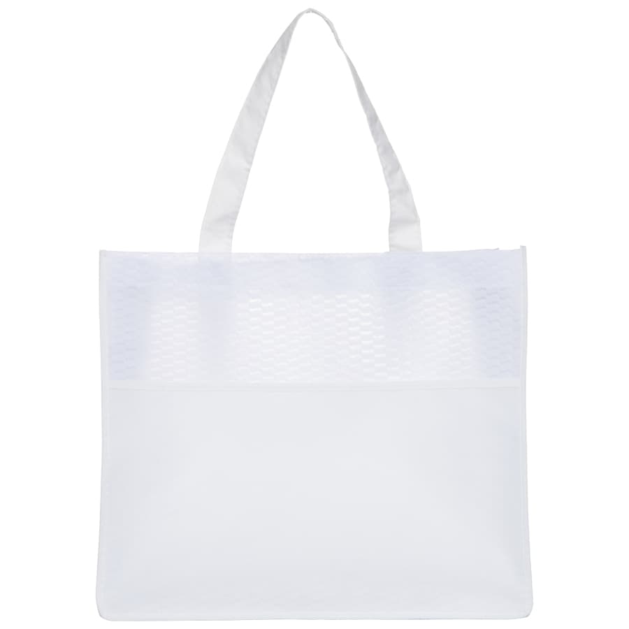 A white shopping tote bag featuring a textured design and two sturdy handles. It has a subtle logo on one side.