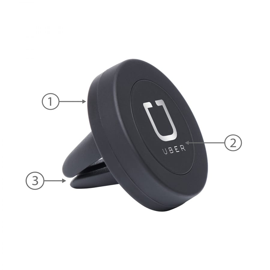 A black universal magnetic car mount with a circular base and a clip for attaching to vehicle air vents.