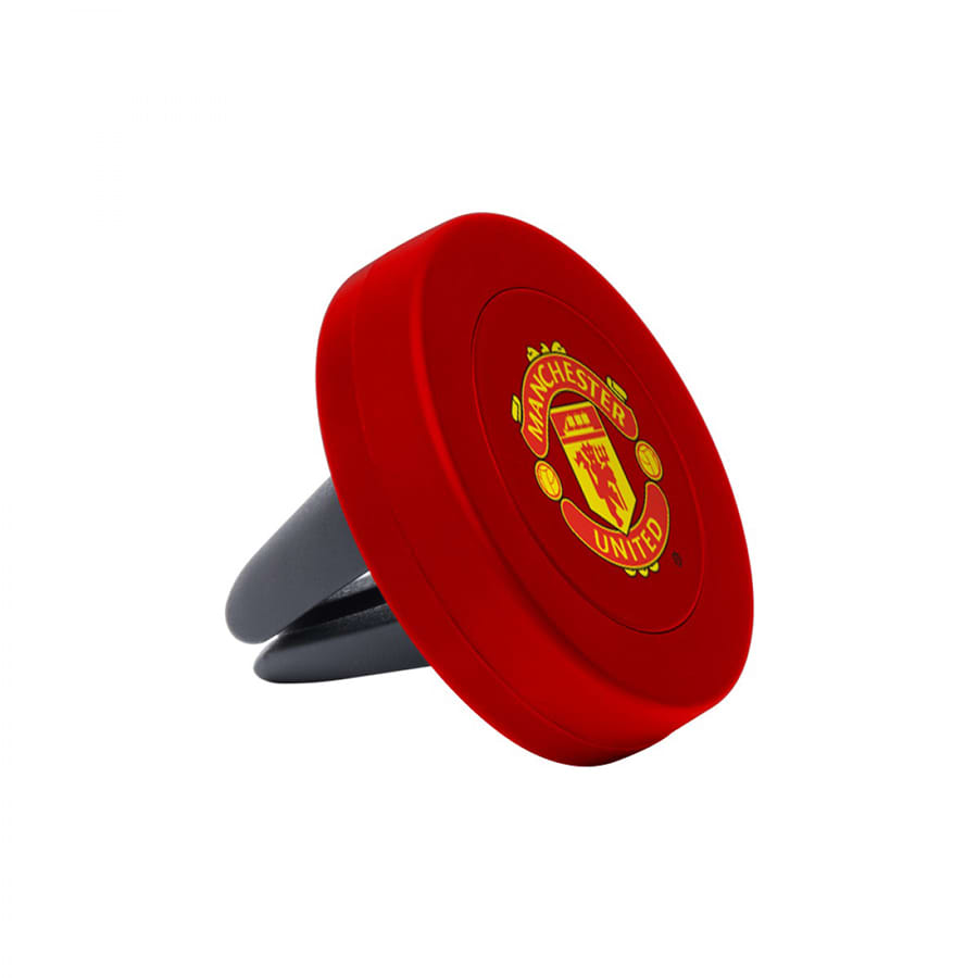 A red magnetic car mount featuring a circular design with a logo. It has a black base and is suitable for phone holding.