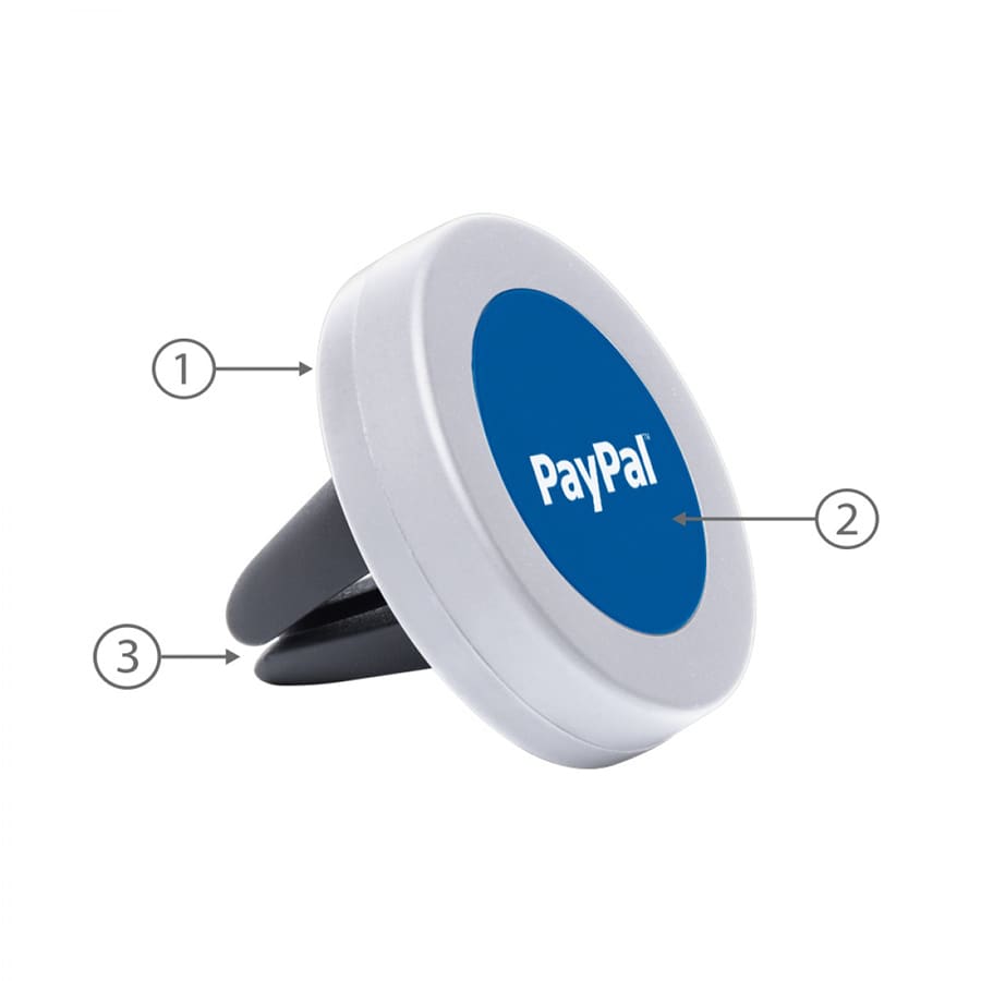 A circular magnetic car mount in white and blue, featuring a logo, with clips on the back for attachment.