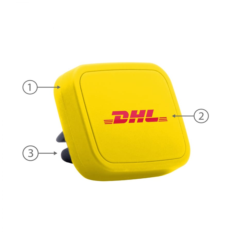 A yellow universal magnetic car mount with a logo, featuring a compact design for holding phones securely.