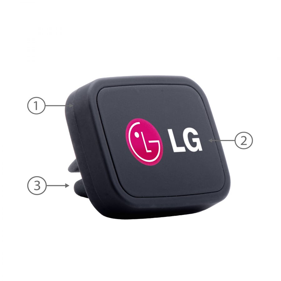 A black universal magnetic car mount featuring a logo, designed to hold phones securely in vehicles.