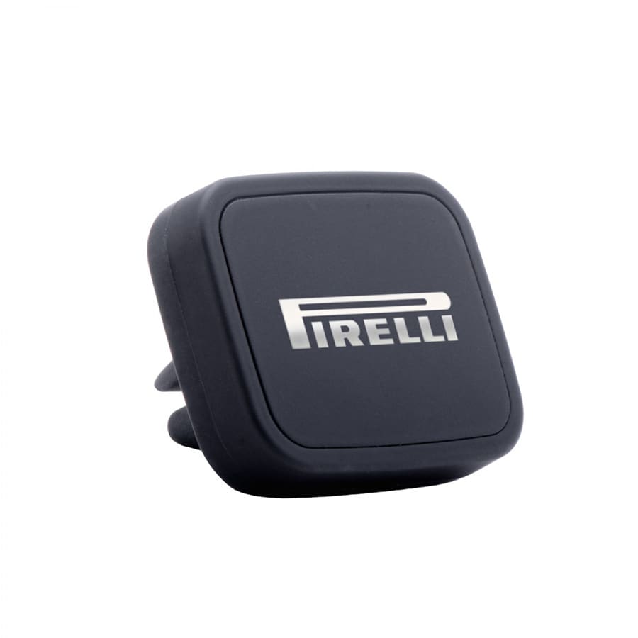 A black universal magnetic car mount with a branding logo, designed for holding phones in vehicles.