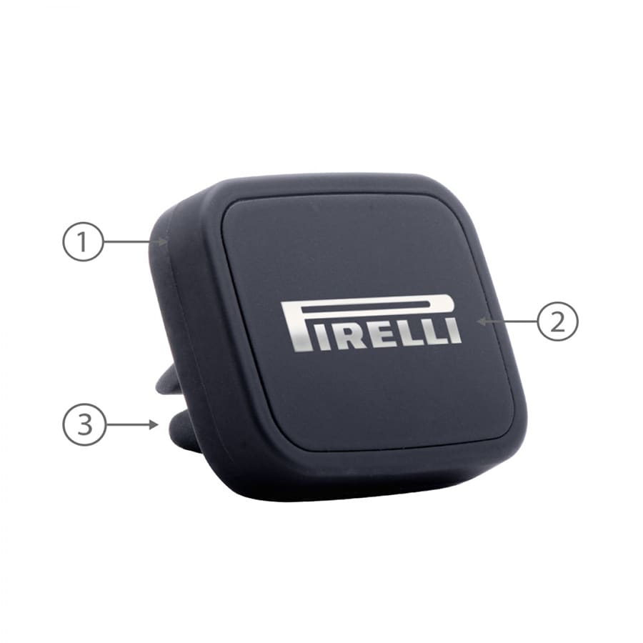 A black magnetic car mount with a square shape and a logo. Suitable for holding phones in vehicles.