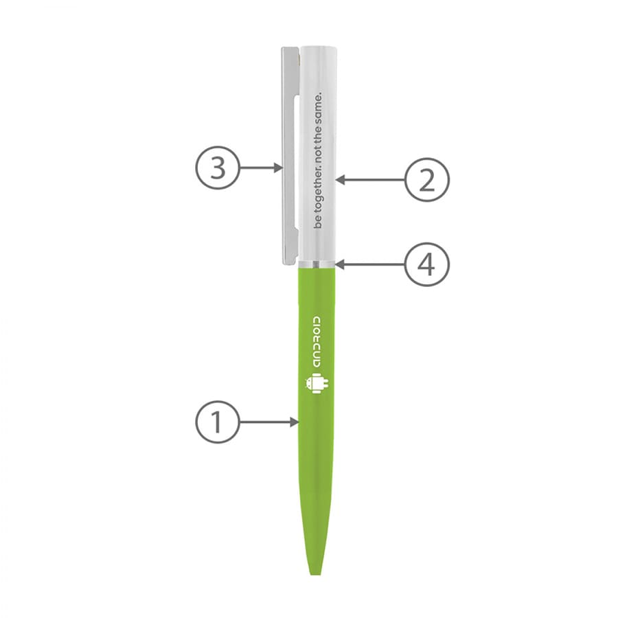 A metal ballpoint pen in green with a silver clip, featuring a logo and numbered sections indicating various design elements.