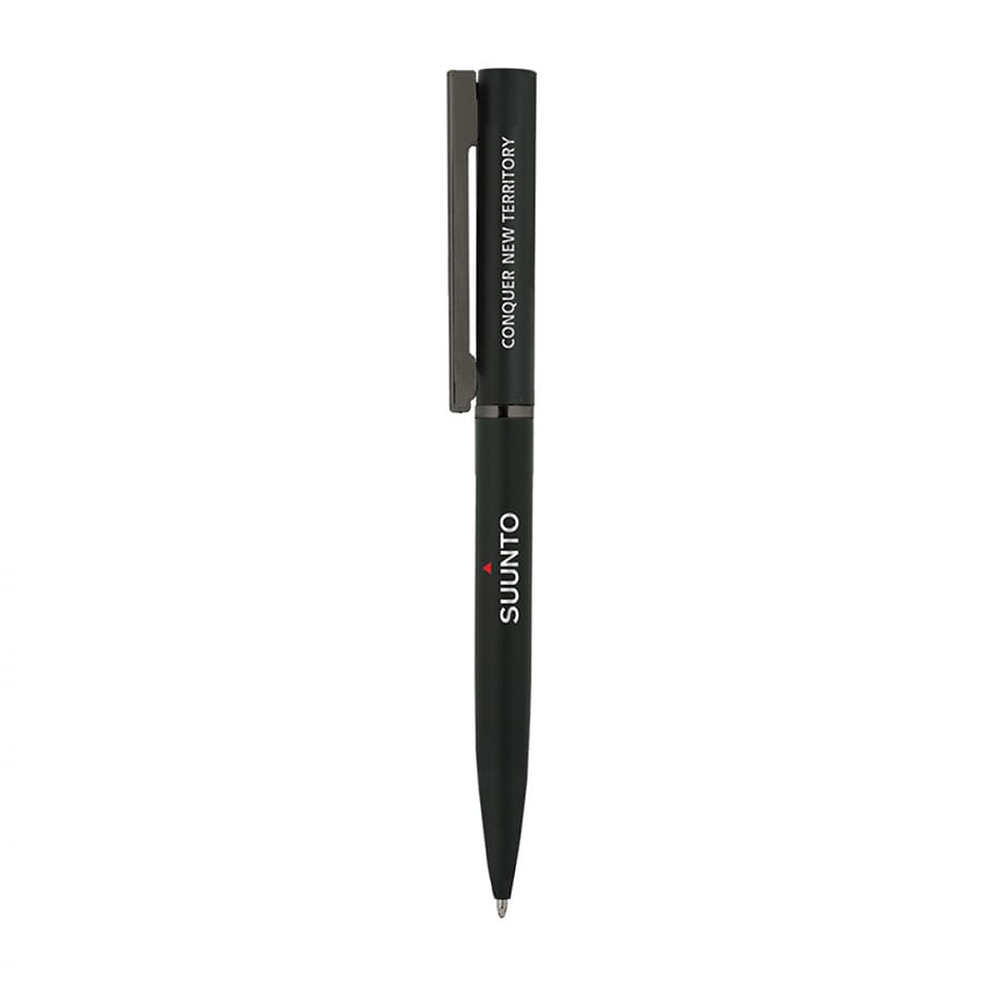 A metal ball pen in black with a clip and a branding logo.