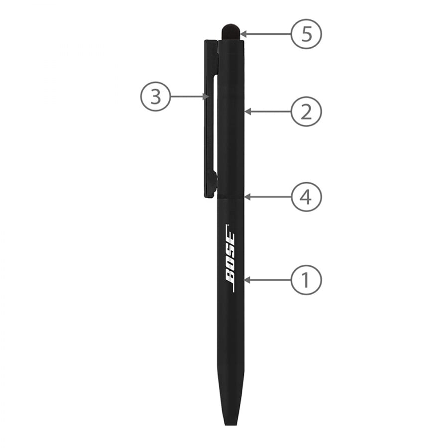 A metal ballpoint pen in black with a stylus tip and a clip. It features a logo and numbered points for details.