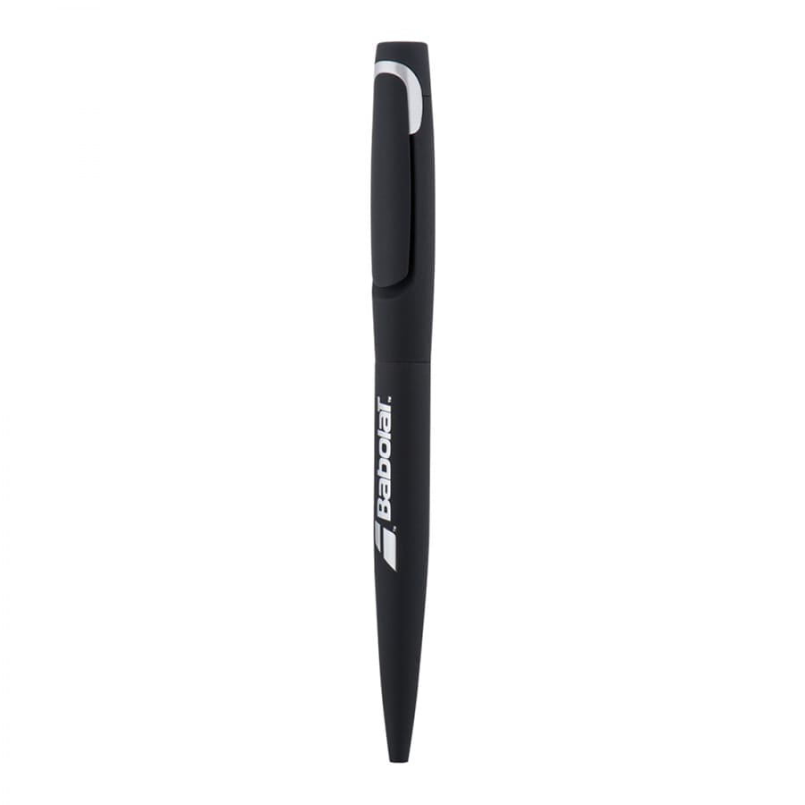 A black metal ballpoint pen featuring a clip and a logo. It has a sleek, modern design.