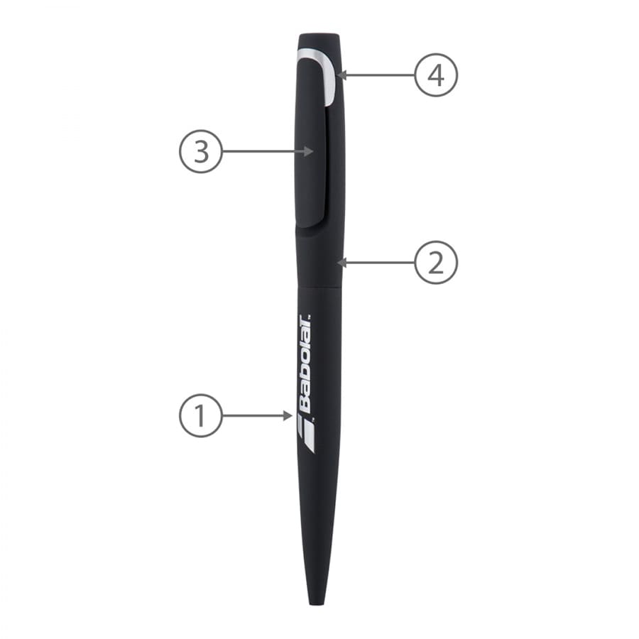 A black metal ballpoint pen with a clip and a logo, featuring a sleek design and twist mechanism.