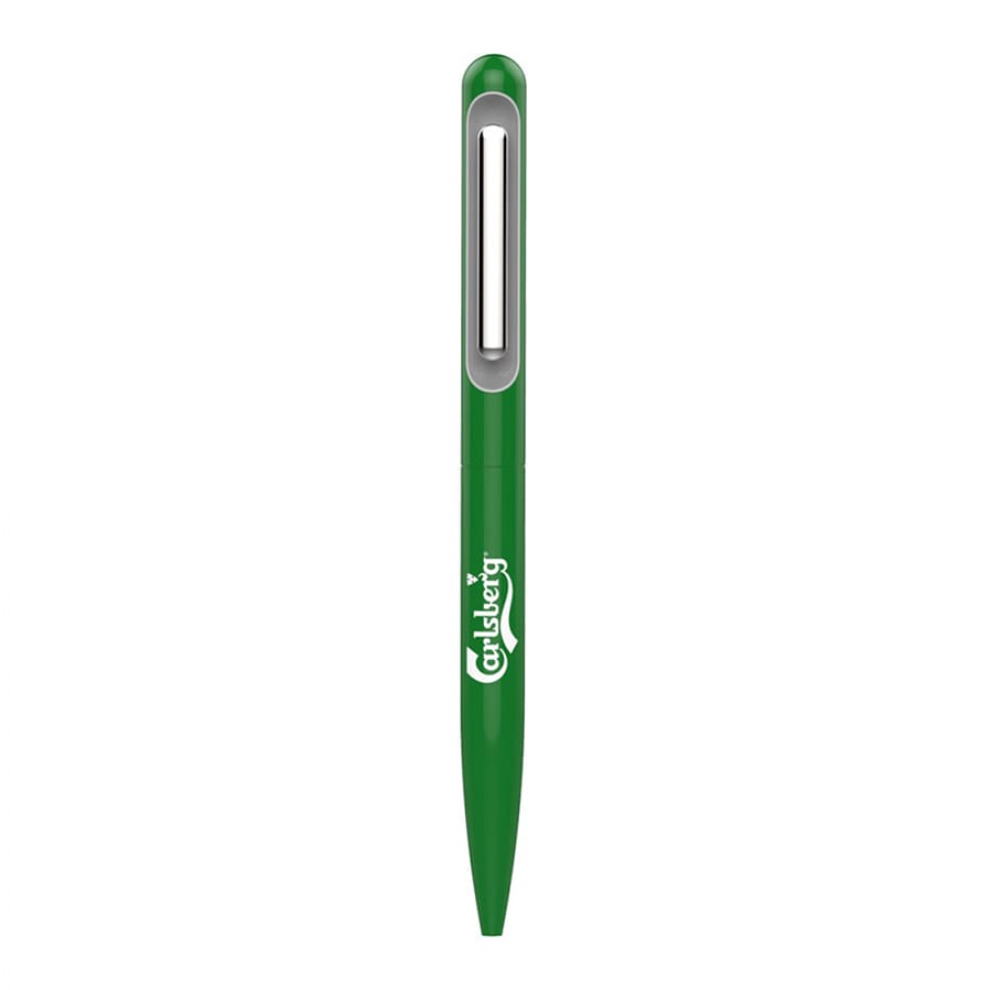 A green metal ballpoint pen with a silver clip and a logo on the side.