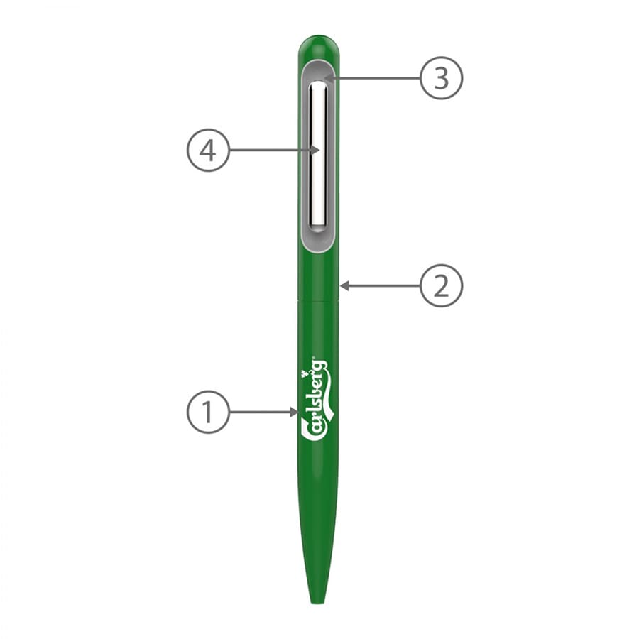 A green metal ballpoint pen with a clip and a logo on the barrel. Features a smooth twist mechanism.