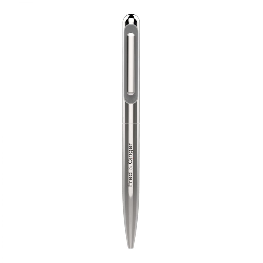 A silver metal ball pen with a sleek design and a logo on the barrel.