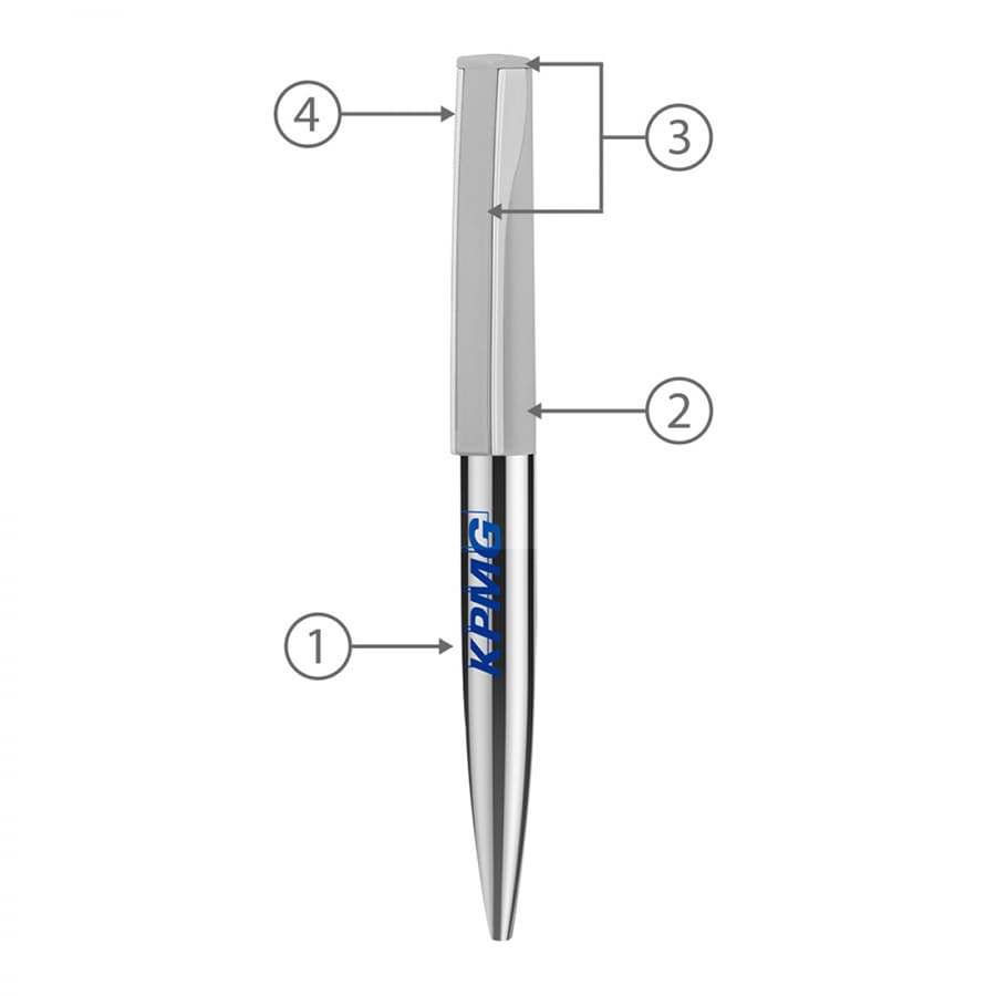 A metal ballpoint pen in silver with a glossy finish and a base featuring a logo.