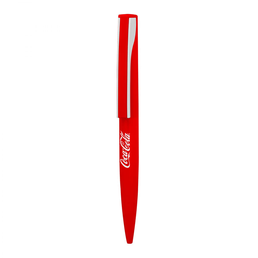 A red metal ballpoint pen with a shiny silver clip and a logo.