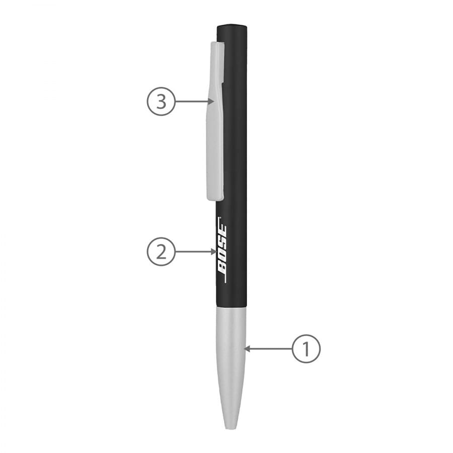 A black and silver twist metal ball pen with a clip and branding on the barrel.