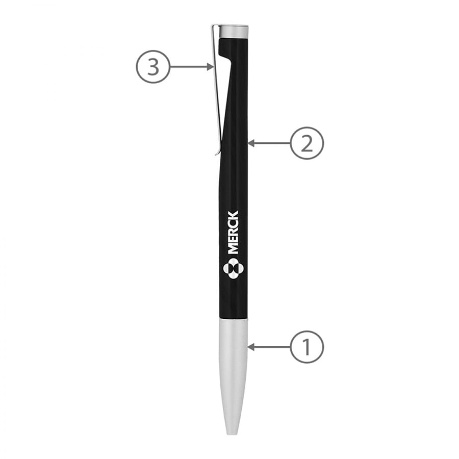 A black metal ball pen with a silver clip and tip, featuring a logo on the body.