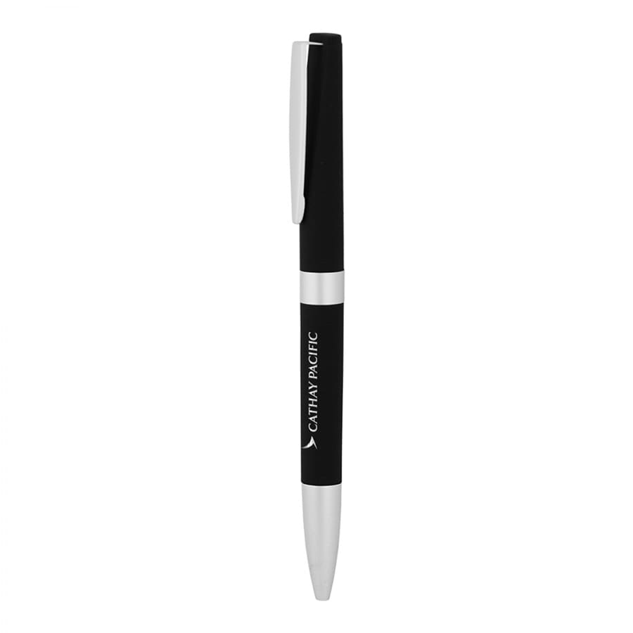 A metal ball pen in black with silver accents and a logo.