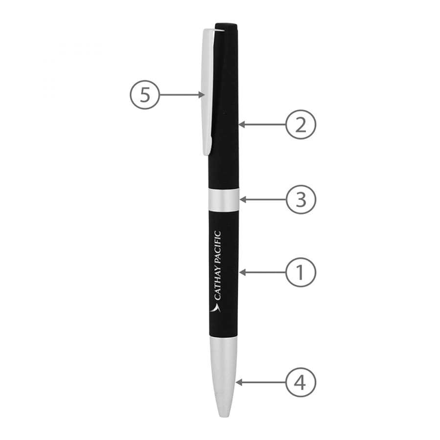 A black and silver twist metal ball pen with a logo and numbered features displayed alongside.