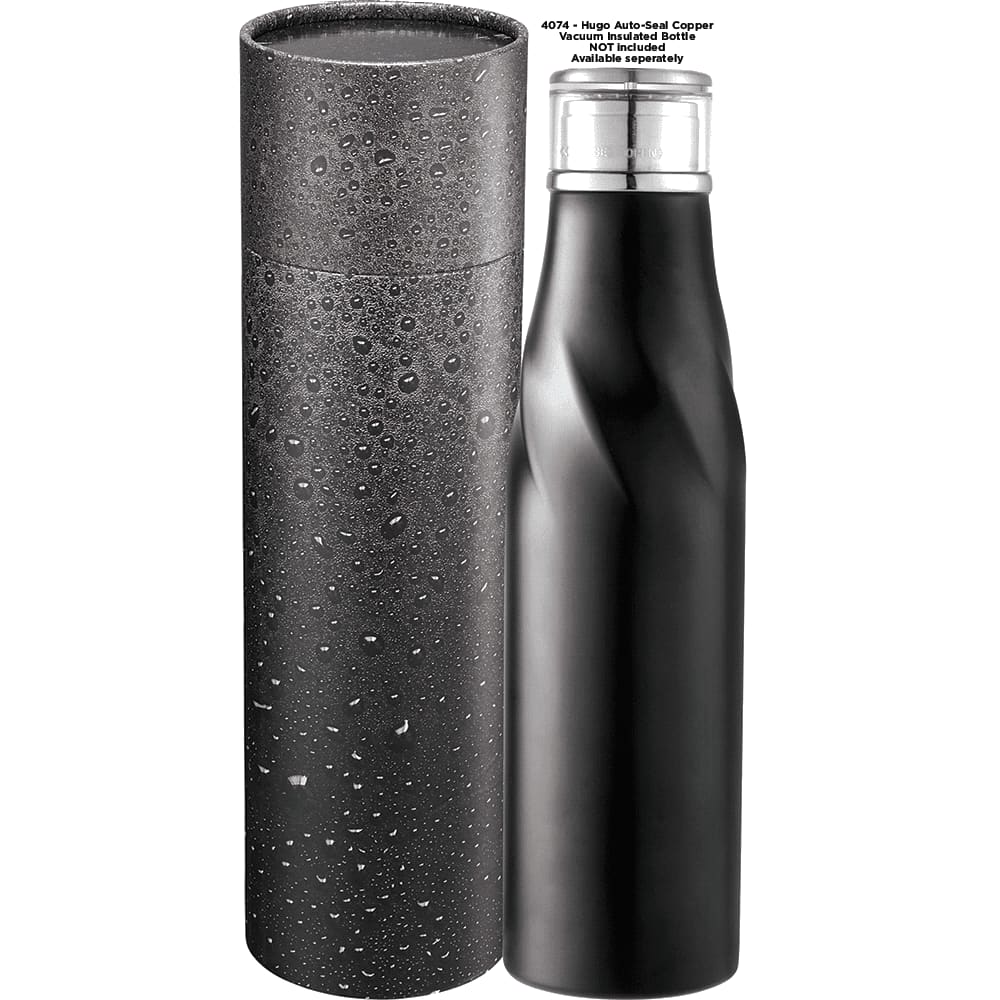 A drink bottle with a silver lid is displayed alongside a black, speckled tube gift box.