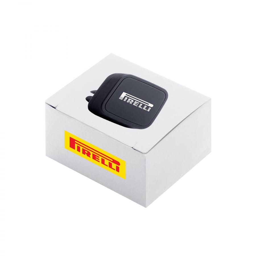 A black car phone mount is placed on a white packaging box featuring a logo.