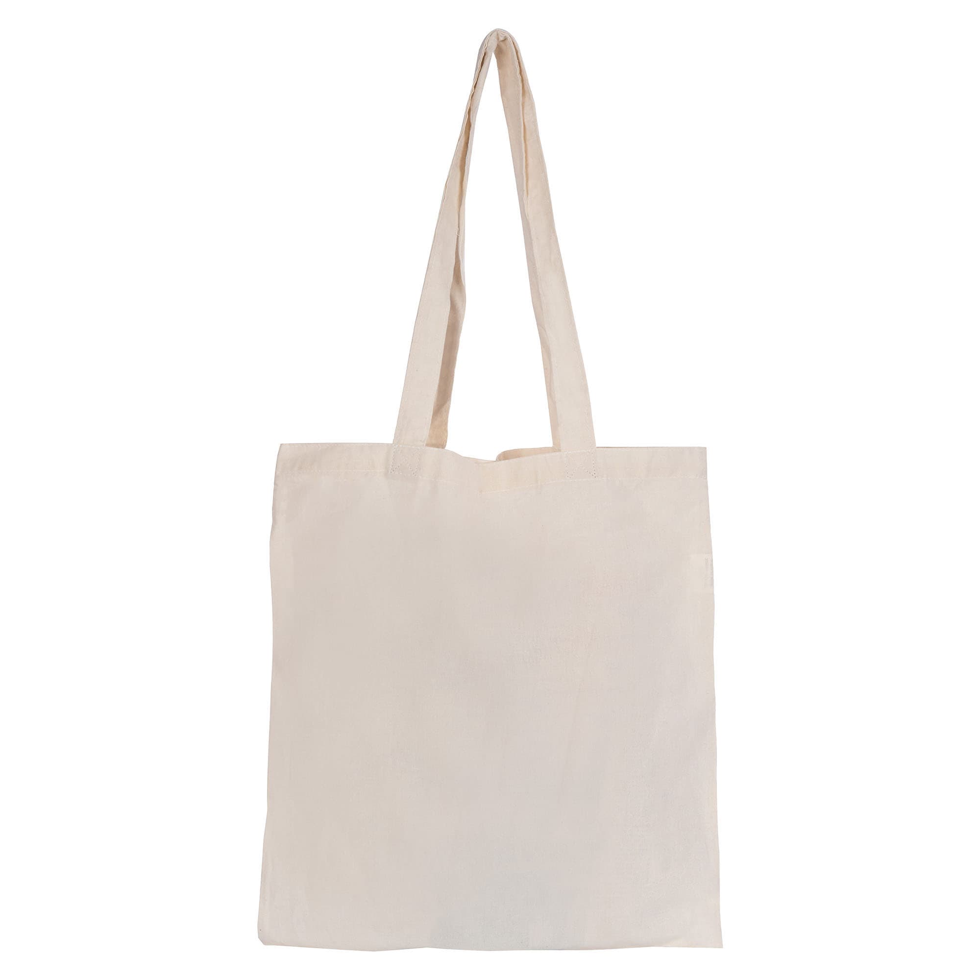 A plain cream-coloured tote bag with two handles and no gusset, featuring a branding logo.