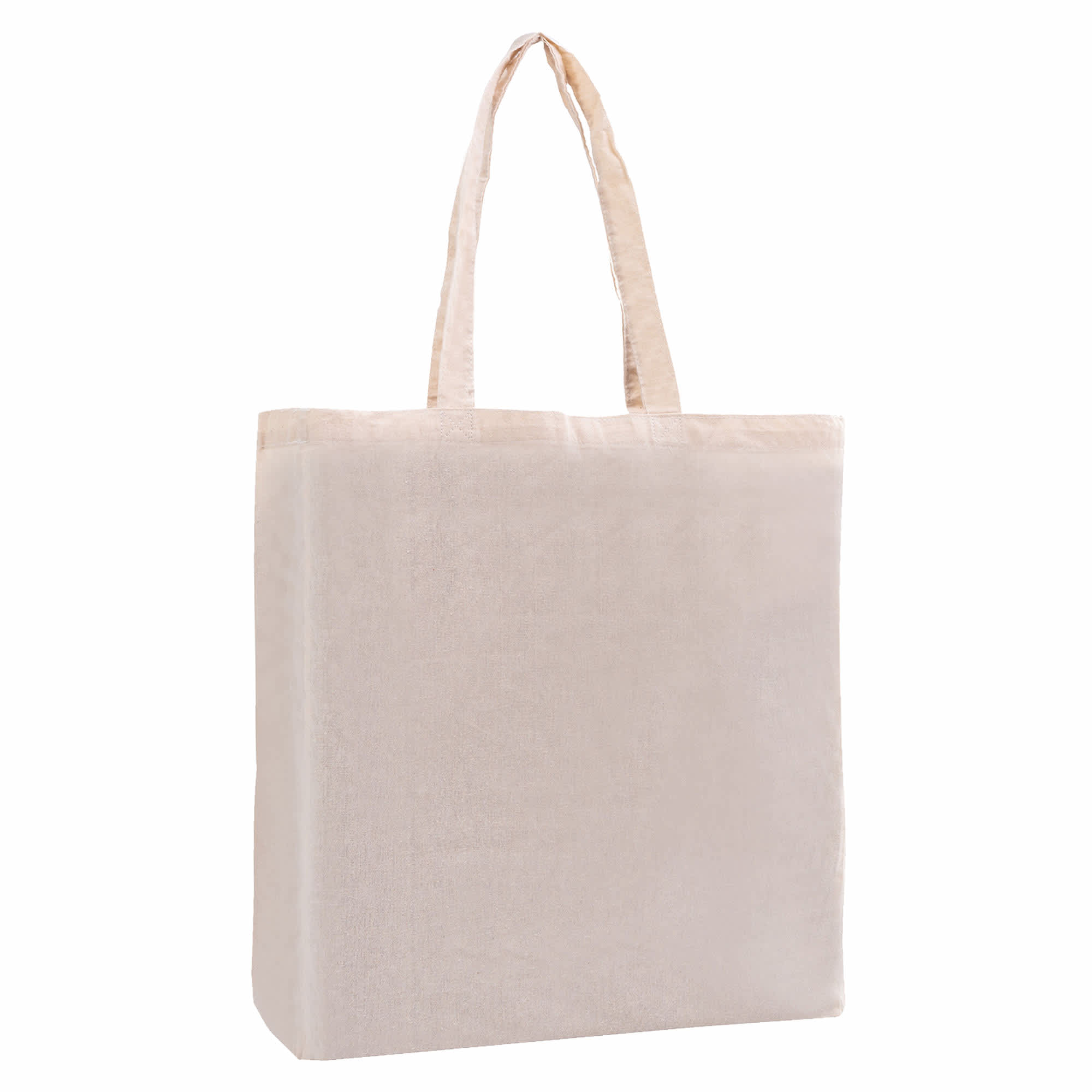 A light beige calico tote bag with a gusset and two shoulder straps. It features a logo on one side.