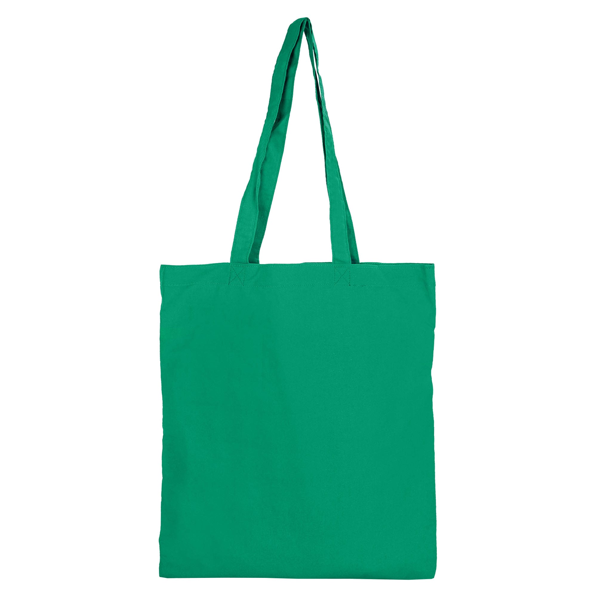A green tote bag with two sturdy handles and no gusset, featuring a logo.