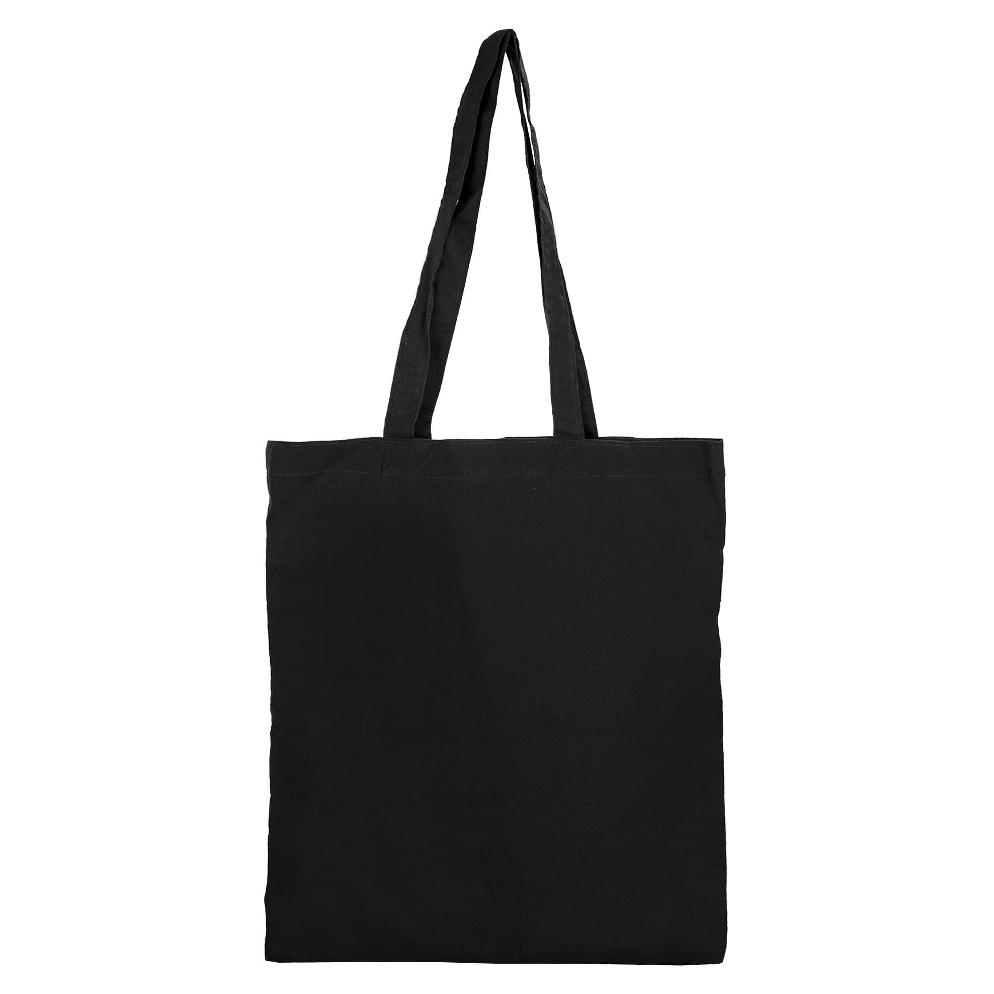 A black tote bag with long handles and no gusset, featuring a simple design and a logo.