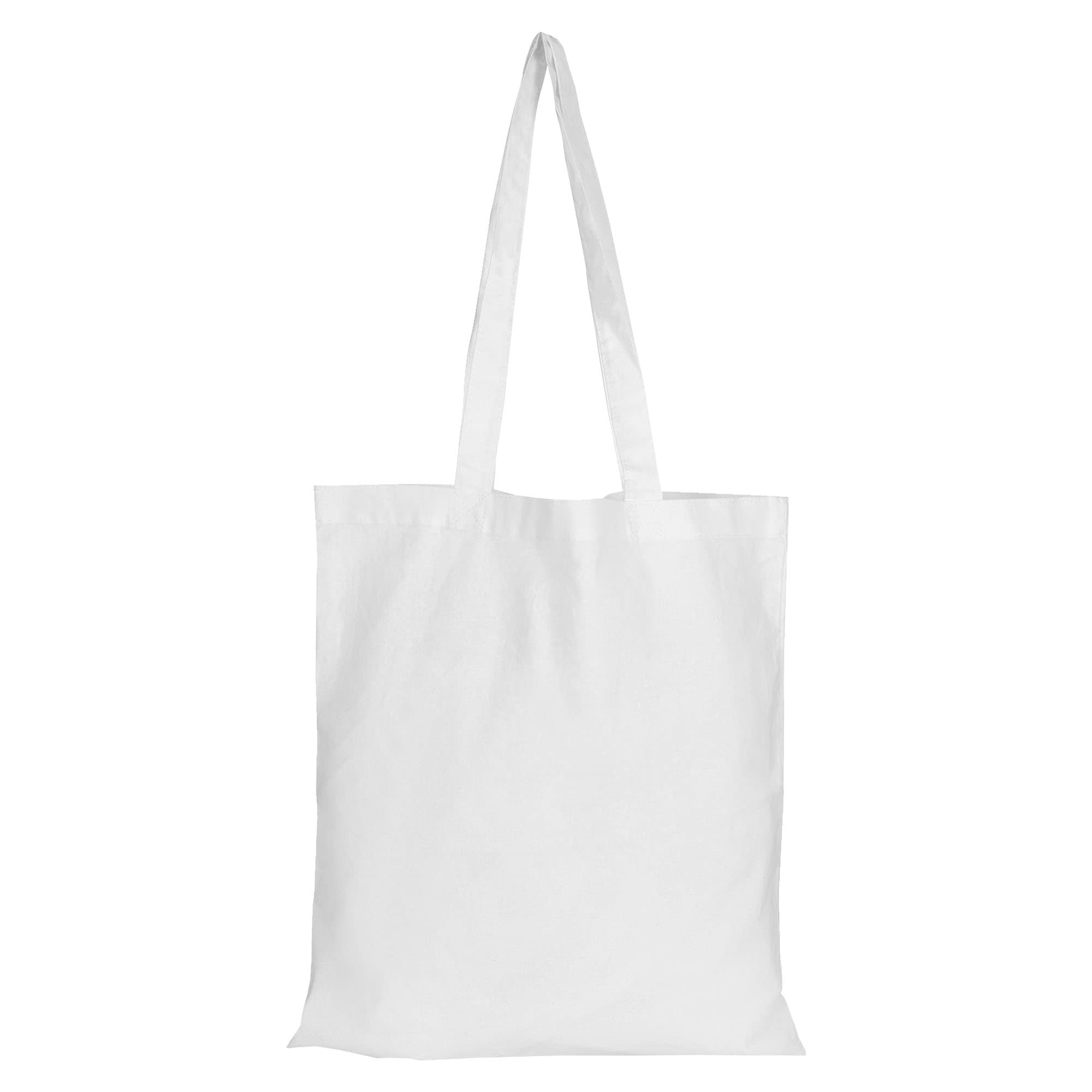 A plain white tote bag with long handles, featuring a simple design and no gusset. It has a logo.