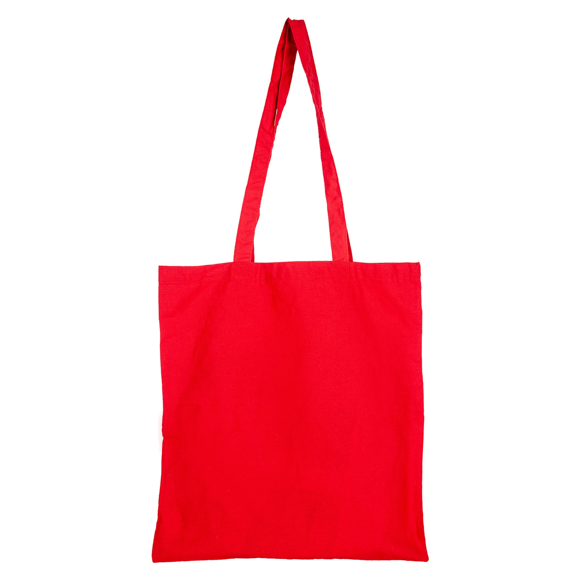 A red calico tote bag without a gusset, featuring two handles and a blank design. It has a logo.
