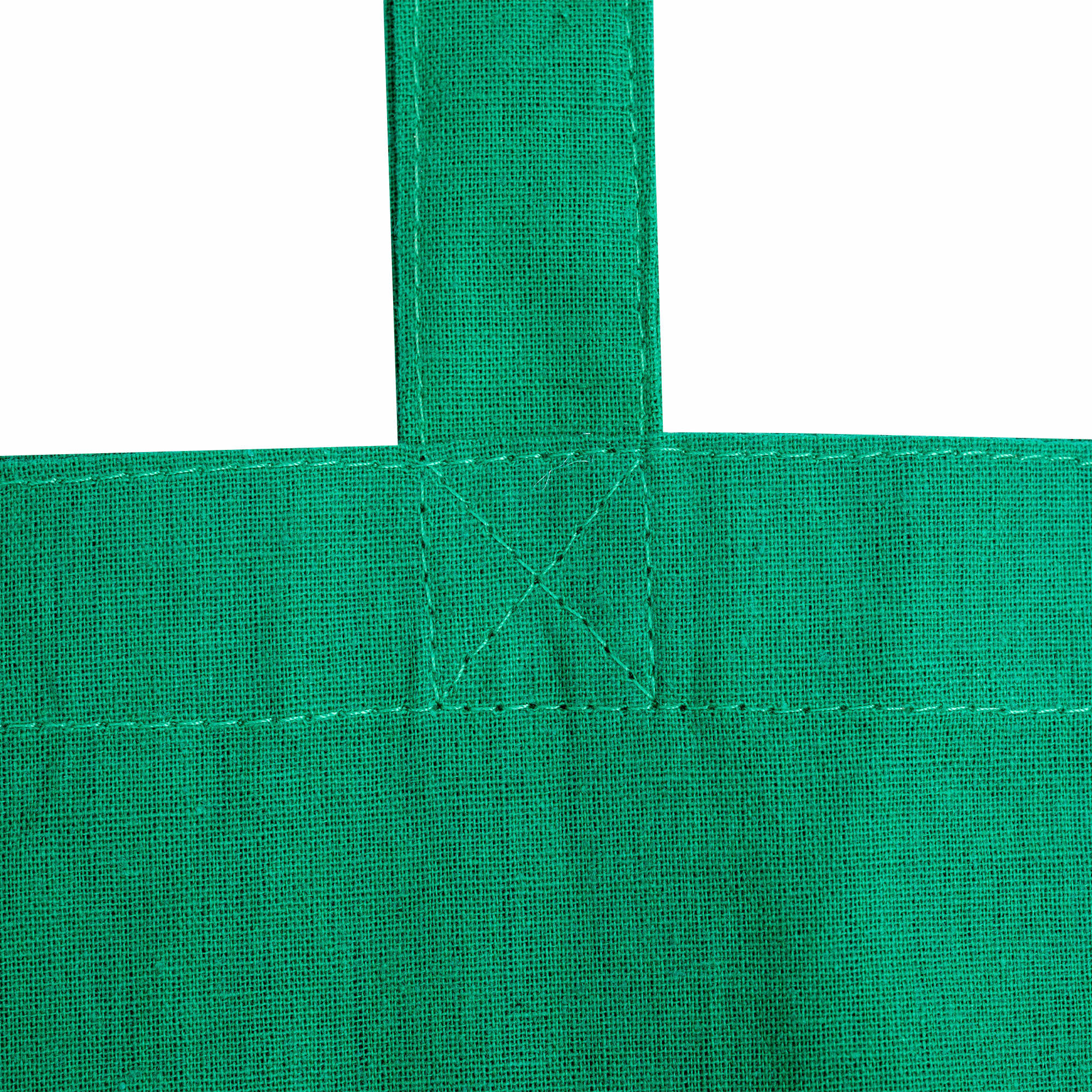A green calico tote bag with a gusset-free design and visible stitching details. Includes a logo.