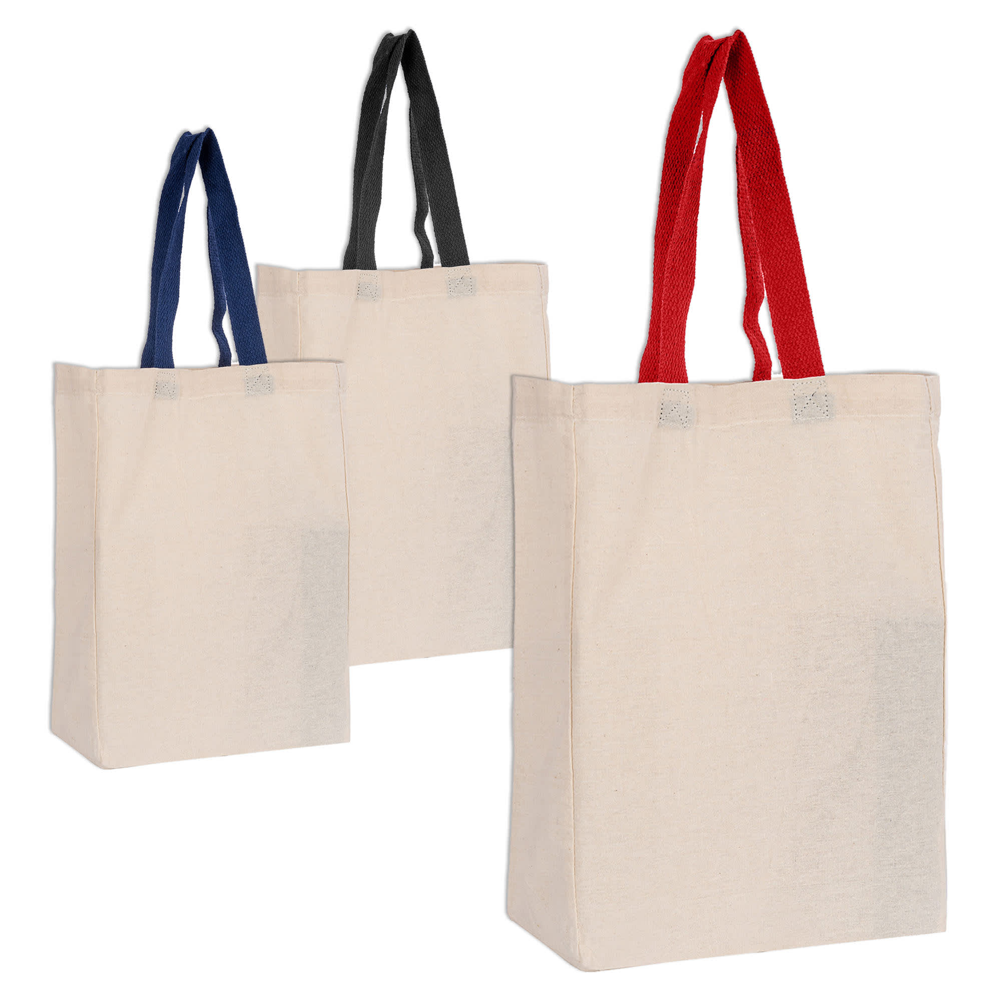 A set of three calico tote bags in cream, featuring navy, black, and red handles. Each bag has a logo.