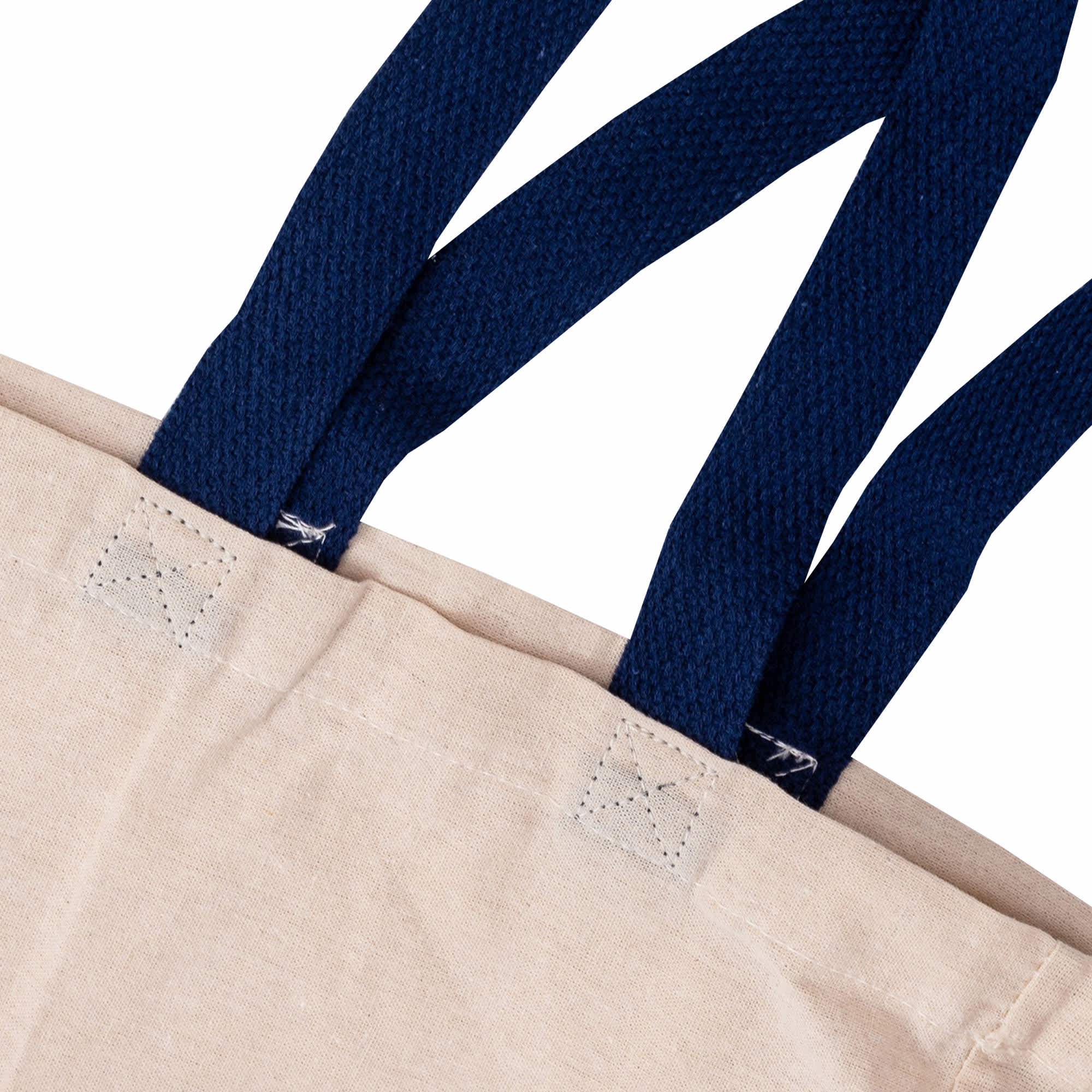 A cream tote bag with navy blue handles, featuring stitching detail at the base of the handles and a logo.
