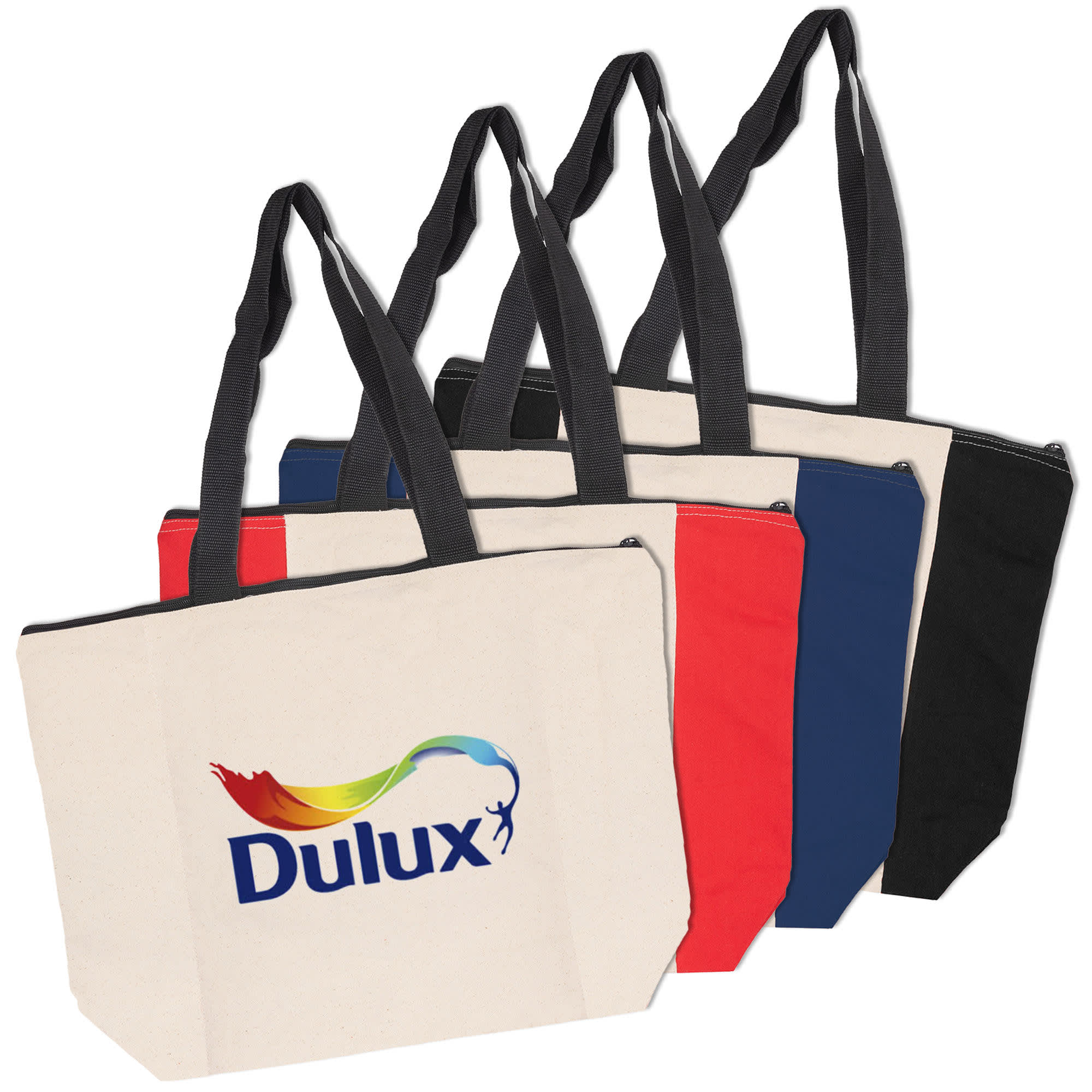 A collection of tote bags in cream, red, navy, and black, featuring a logo on one bag.