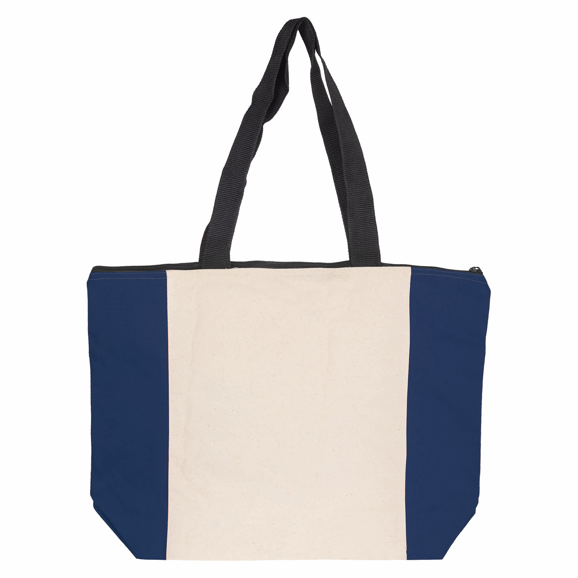 A tote bag featuring a cream centre with navy blue sides and black straps, complete with a zip closure.