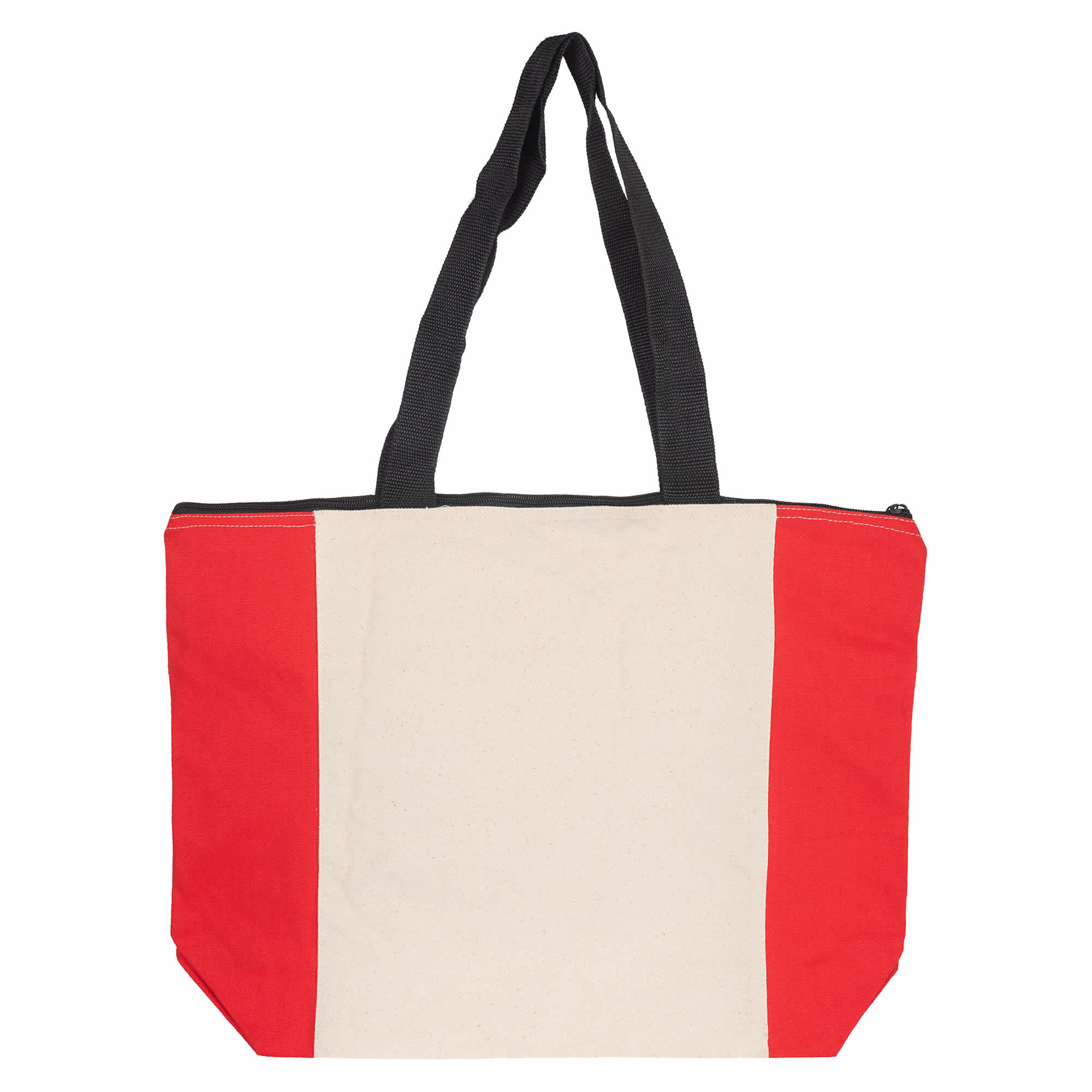 A red and beige tote bag with black handles and a zip closure, featuring a logo.