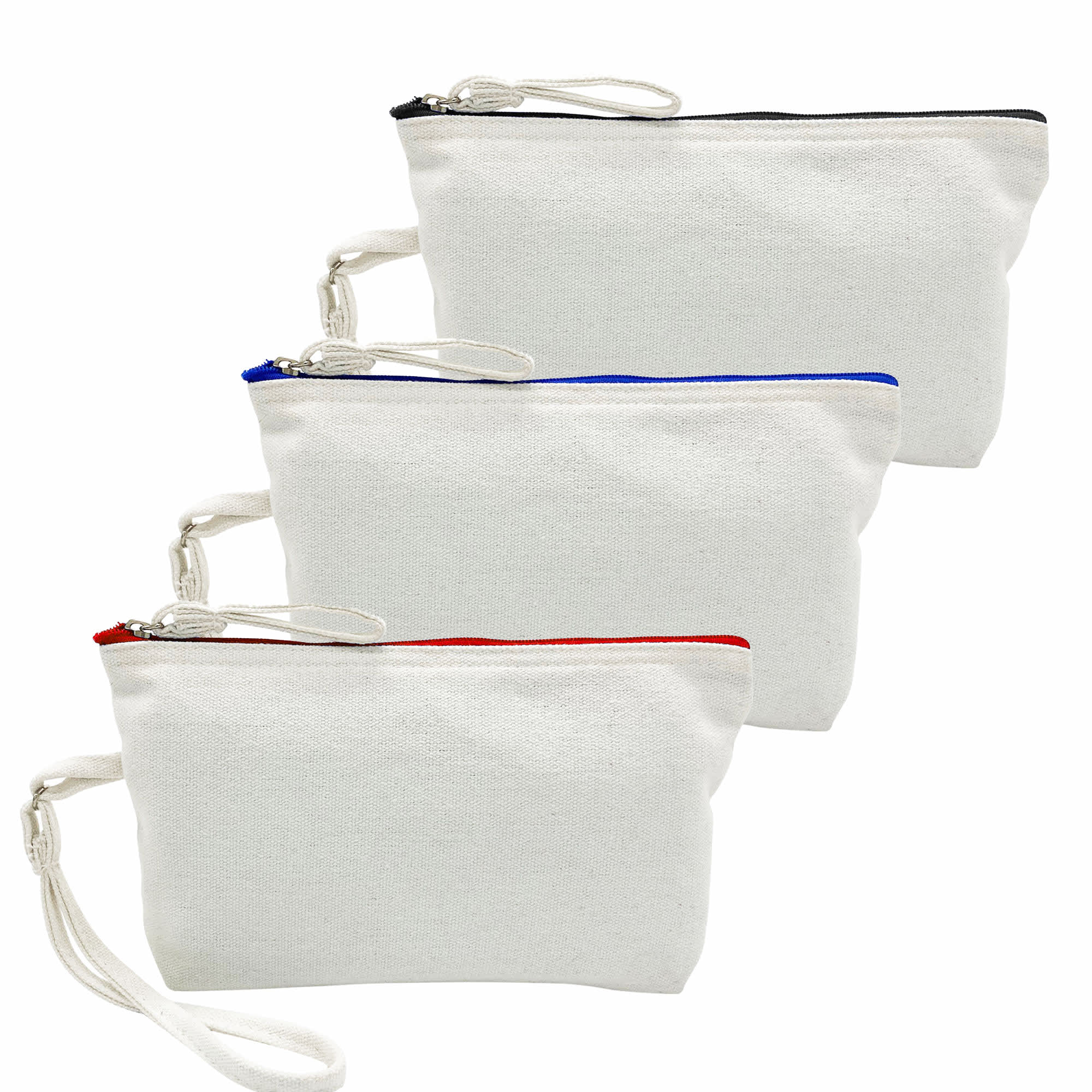 Three canvas cosmetic bags in white, featuring red, blue, and black zip closures and wrist straps.
